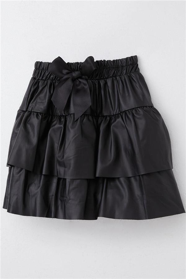 Girls' Layered Leather Skirt with Bow, Black (Ages 5-9)