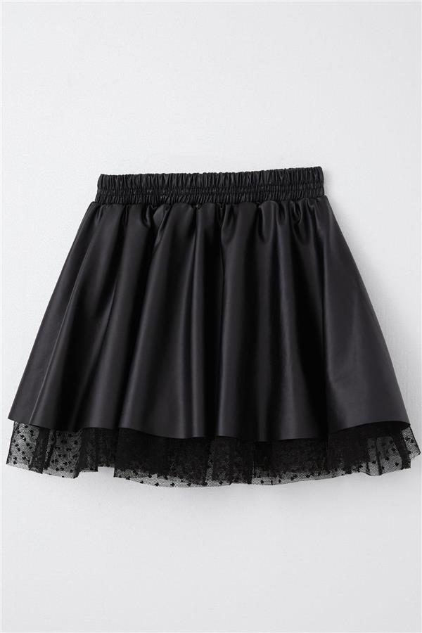 Girls' Leather Skirt with Tulle Trim and Elastic Waist, Black (Ages 8-12)