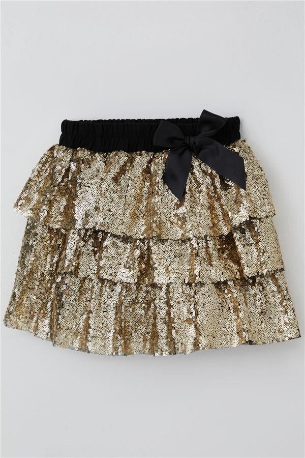 Girl's Layered Skirt with Sequin Bow Accessory, Gold (Ages 5-10)