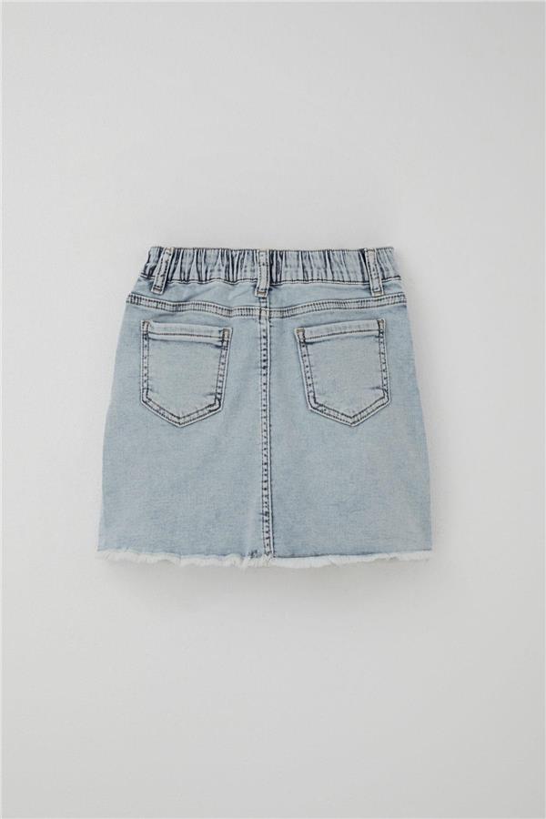 Girls' Denim Skirt with Butterfly Embroidery and Button Detail, Light Blue (Ages 6-10)