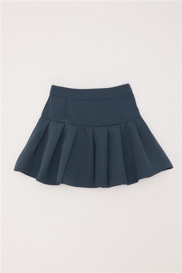 Girls' Pleated Skirt with Snap Fasteners, Indigo (Ages 7-12)
