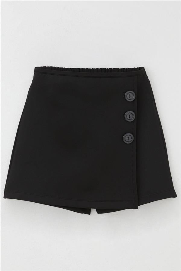 Girls' Short Skirt with Button Accessory and Elastic Waist, Black (Ages 6-12)