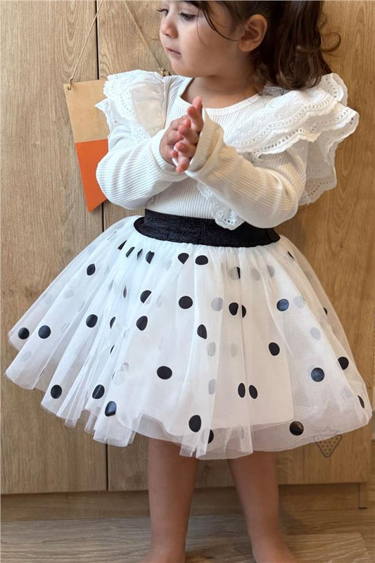 Girls' Tutu Skirt with Polka Dot Pattern, Glitter, Elastic Waist, White (Ages 5-10)