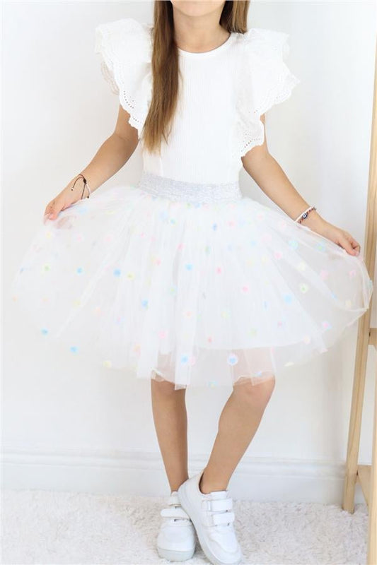 Girls' Tutu Skirt with Colorful Flower Embroidery, White (Ages 4-10)