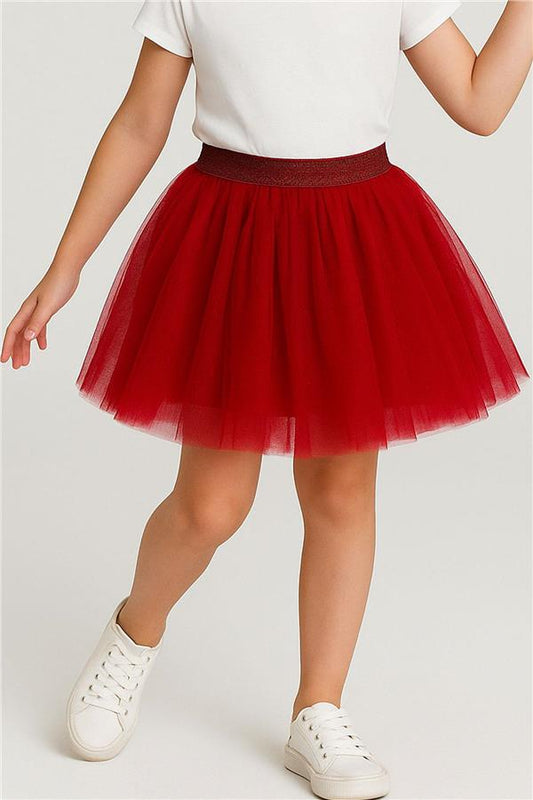 Girls' Glittery Tutu Skirt with Elastic Waistband, Red (Ages 5-10)