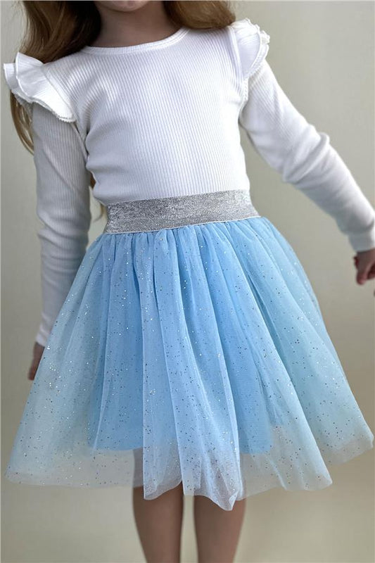 Girls' Glittery Tutu Skirt with Elastic Waistband, Light Blue (Ages 5-10)