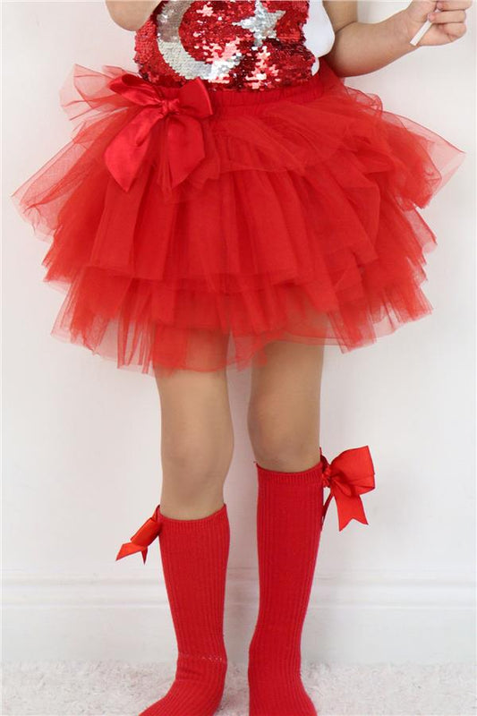 Girls' Tutu Skirt with Tulle Detail and Layered Bow Accessory, Red (Ages 4-8)