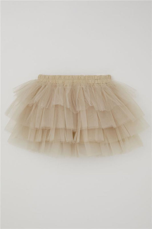 Girls' Tutu Skirt with Tulle Detail and Layered Bow Accessory, Beige (Ages 4-8)