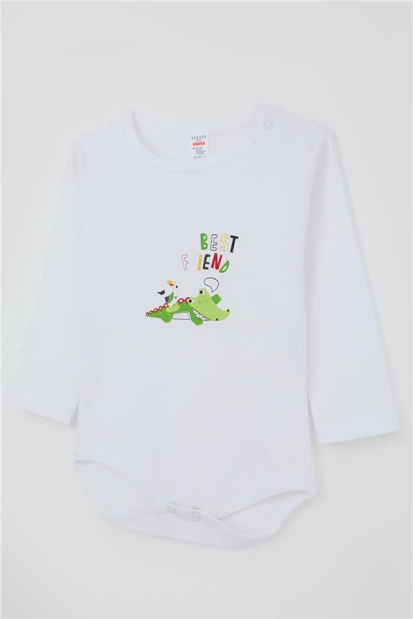 Baby Boy Snap-Button Bodysuit with Crocodile Print, White (9 Months-3 Years)