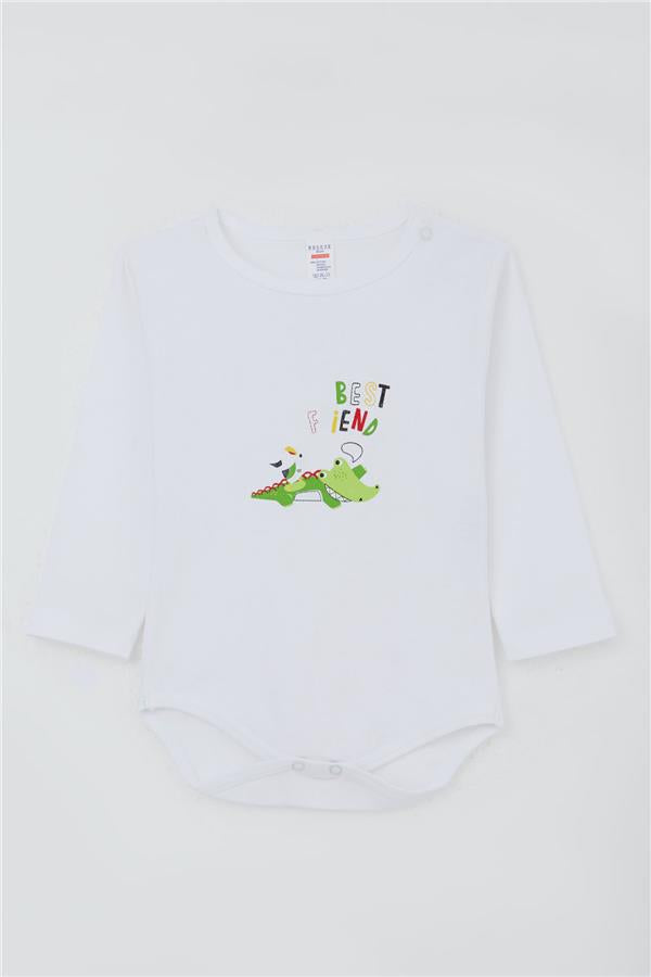Baby Boy Snap-Button Bodysuit with Crocodile Print, White (9 Months-3 Years)