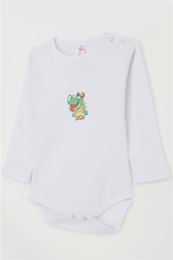 Baby Boy Snap-Button Bodysuit with Happy Dinosaur Print, White (9 Months-3 Years)