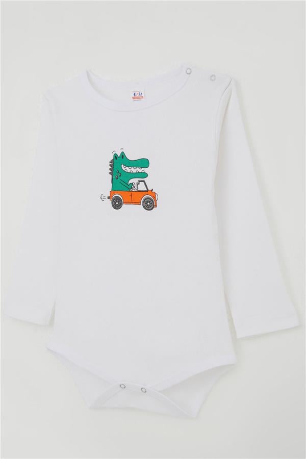 Baby Boy Snap-Button Bodysuit with Driver and Crocodile Print, Ecru (9 Months-3 Years)