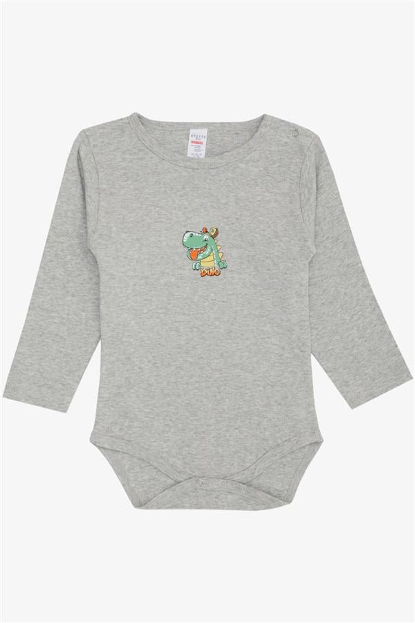 Baby Boy Snap-Button Bodysuit with Happy Dinosaur Print, Grey Melange (9 Months-3 Years)
