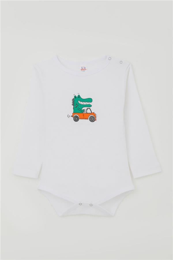 Baby Boy Snap-Button Bodysuit with Driver and Crocodile Print, Ecru (9 Months-3 Years)