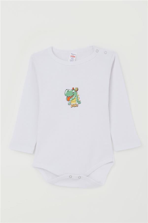 Baby Boy Snap-Button Bodysuit with Happy Dinosaur Print, White (9 Months-3 Years)