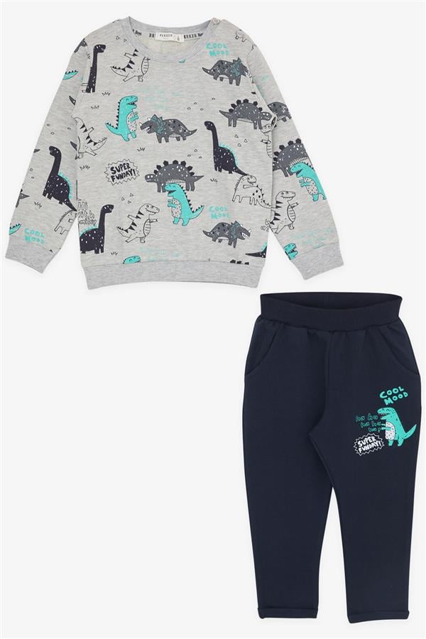 Baby Boy Tracksuit Set with Cheerful Animal Design, Grey Melange (9 Months - 1.5 Years)