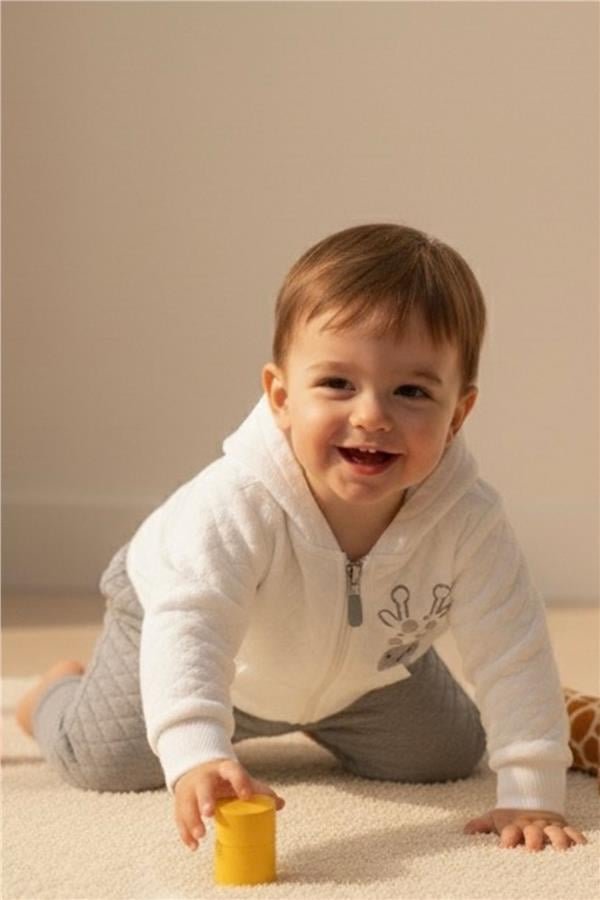 Baby Boy Tracksuit Set with Cute Giraffe Print, Quilted Design, Ecru (6 Months-1.5 Years)