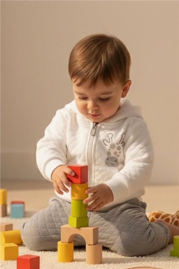 Baby Boy Tracksuit Set with Cute Giraffe Print, Quilted Design, Ecru (6 Months-1.5 Years)