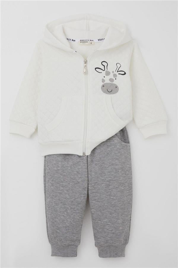Baby Boy Tracksuit Set with Cute Giraffe Print, Quilted Design, Ecru (6 Months-1.5 Years)
