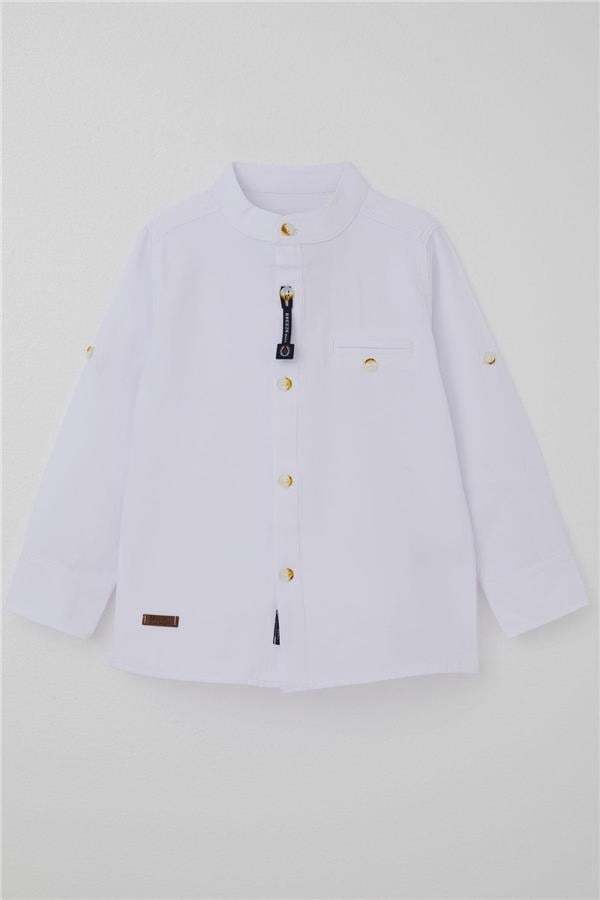 Baby Boy Shirt with Buttons and Emblem, White (9 Months-3 Years)