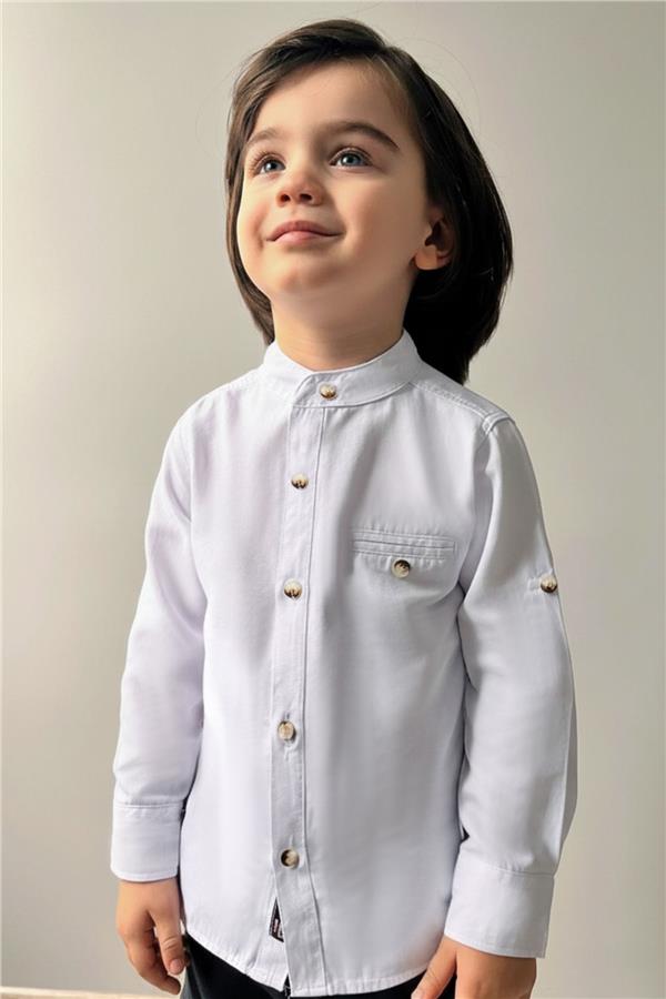 Baby Boy Shirt with Buttons and Emblem, White (9 Months-3 Years)