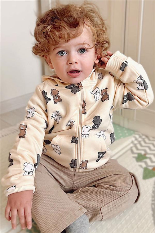 Baby Boy Cardigan, Cute Colorful Baby Teddy Bear Pattern, Cream (9 Months-3 Years)