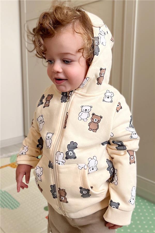 Baby Boy Cardigan, Cute Colorful Baby Teddy Bear Pattern, Cream (9 Months-3 Years)