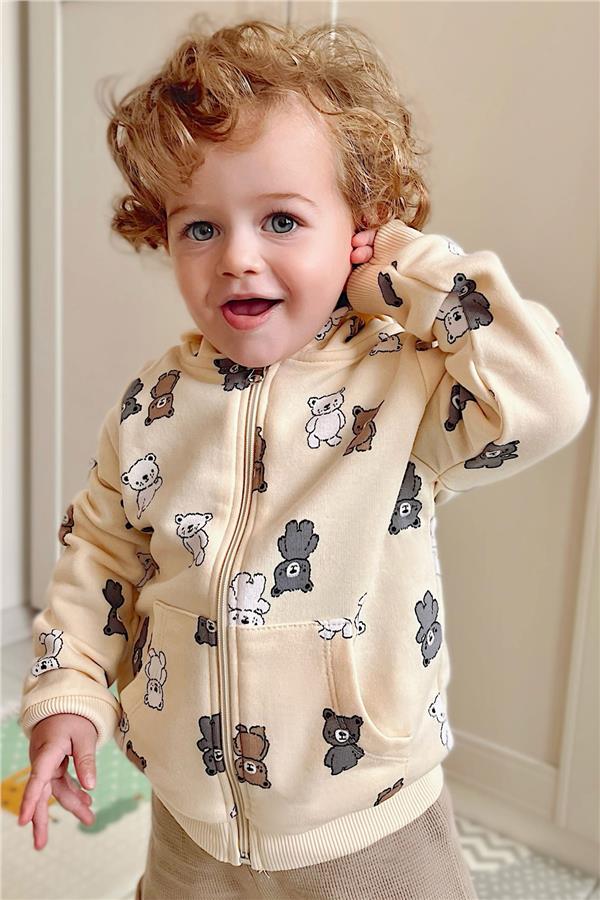 Baby Boy Cardigan, Cute Colorful Baby Teddy Bear Pattern, Cream (9 Months-3 Years)