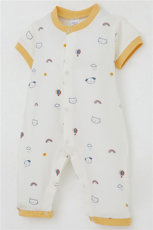 Baby Boy Short-Sleeved Romper with Sky Theme and Animal Pattern, Ecru (0-6 Months)