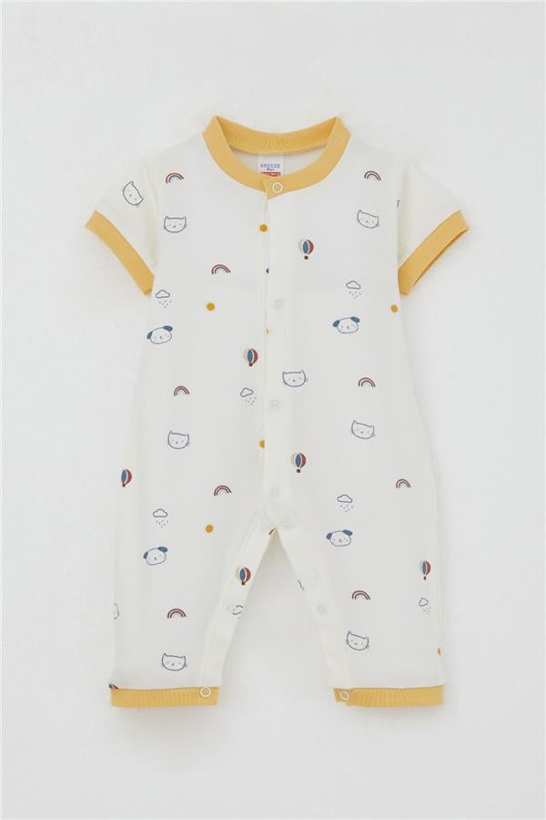 Baby Boy Short-Sleeved Romper with Sky Theme and Animal Pattern, Ecru (0-6 Months)