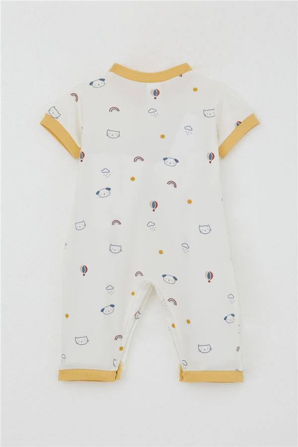 Baby Boy Short-Sleeved Romper with Sky Theme and Animal Pattern, Ecru (0-6 Months)
