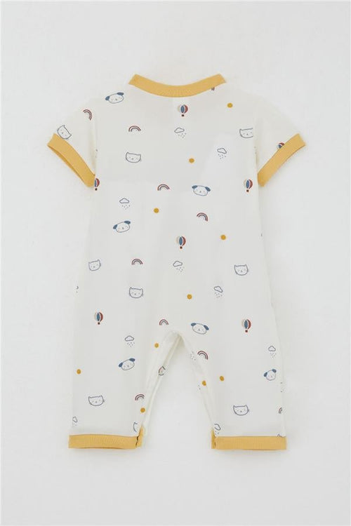Baby Boy Short-Sleeved Romper with Sky Theme and Animal Pattern, Ecru (0-6 Months)