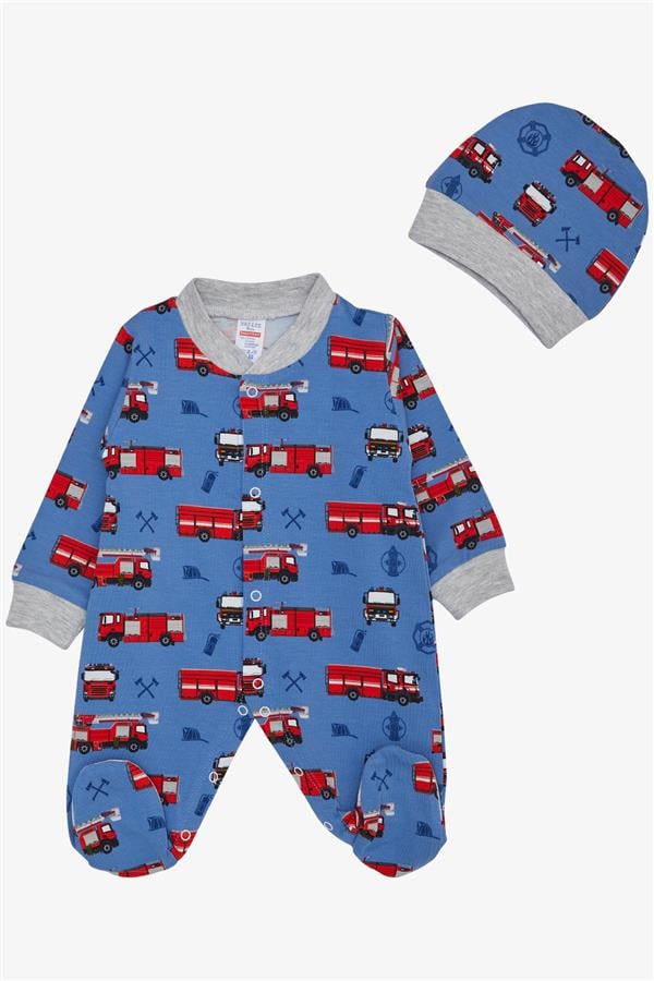 Baby Boy Footed Romper with Fire Truck Design, Indigo (0-6 Months)