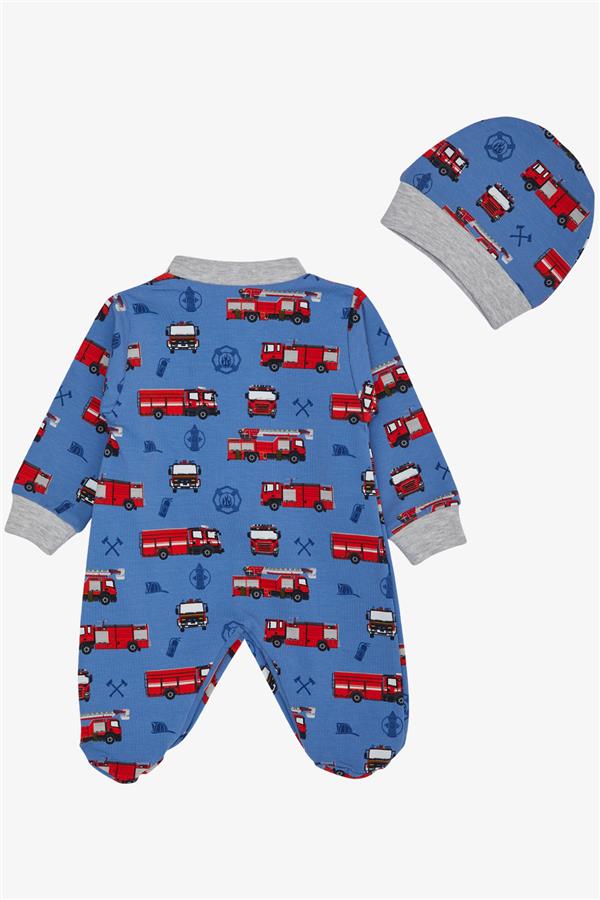 Baby Boy Footed Romper with Fire Truck Design, Indigo (0-6 Months)