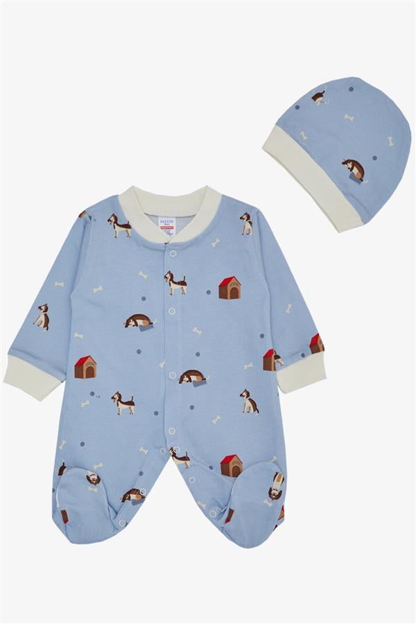 Baby Boy Footed Romper with Cute Puppy Pattern, Light Blue (0-6 Months)