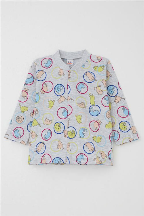 Baby Boy Pajama Set with Movable Kitten Pattern, Grey Melange (4-9 Months)