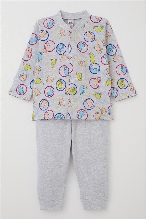 Baby Boy Pajama Set with Movable Kitten Pattern, Grey Melange (4-9 Months)