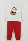 Baby Boy Pajama Set with Shoulder Buttons, Christmas Theme, Santa Claus Embroidery, Ecru (4 Months-1 Years)