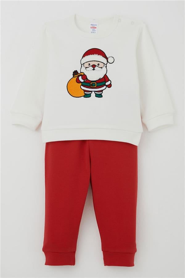 Baby Boy Pajama Set with Shoulder Buttons, Christmas Theme, Santa Claus Embroidery, Ecru (4 Months-1 Years)