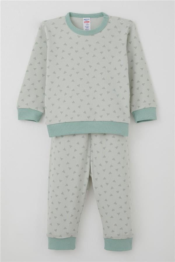 Baby Boy Pajama Set with Shoulder Buttons, Mini Triangle Pattern, Aqua Green (4 Months-1 Years)