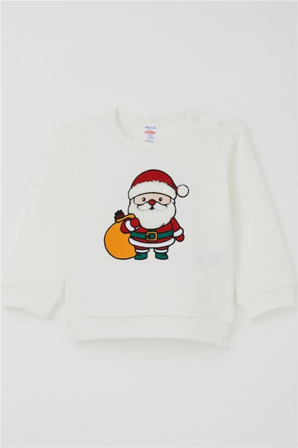 Baby Boy Pajama Set with Shoulder Buttons, Christmas Theme, Santa Claus Embroidery, Ecru (4 Months-1 Years)
