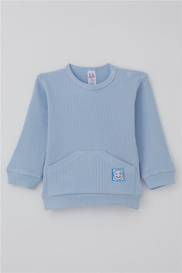 Baby Boy Pajama Set with Shoulder Buttons, Kangaroo Pocket, Smiling Face Emblem, Light Blue (4 Months-1 Years)
