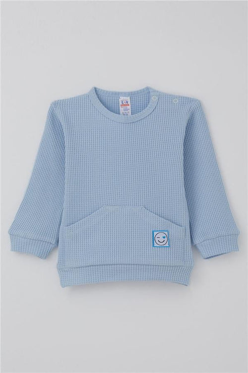 Baby Boy Pajama Set with Shoulder Buttons, Kangaroo Pocket, Smiling Face Emblem, Light Blue (4 Months-1 Years)