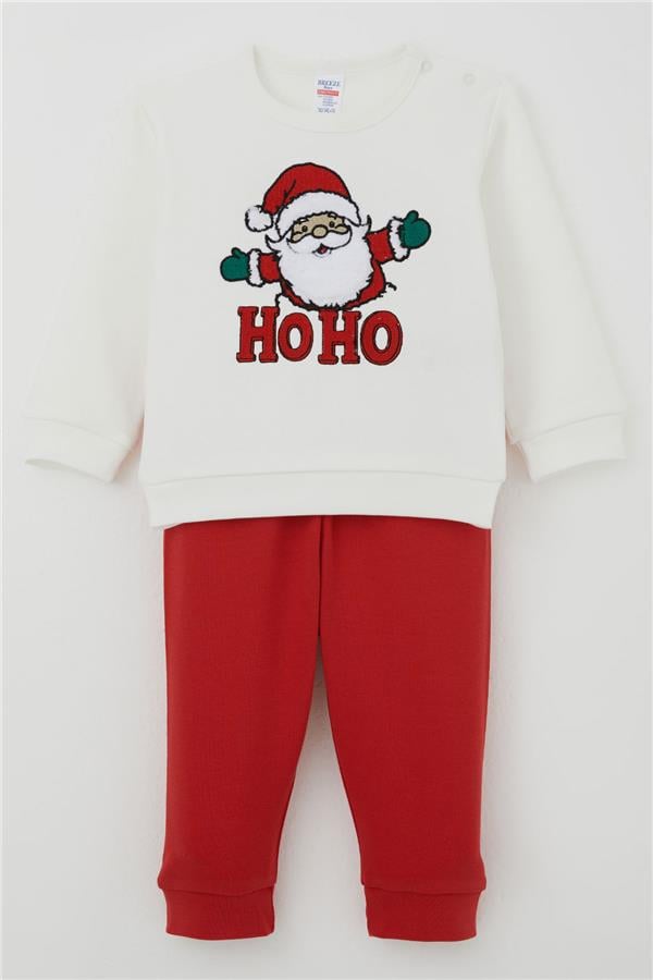 Baby Boy Pajama Set with Shoulder Buttons, Plush Bearded Hoho Santa Claus, Ecru (4 Months-1 Year)