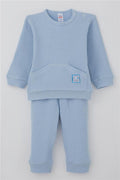 Baby Boy Pajama Set with Shoulder Buttons, Kangaroo Pocket, Smiling Face Emblem, Light Blue (4 Months-1 Years)