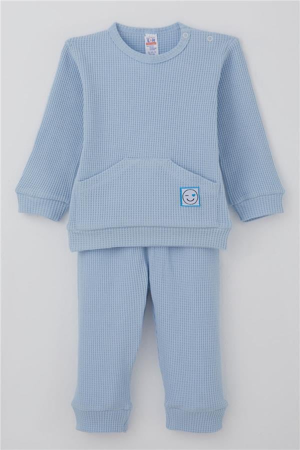 Baby Boy Pajama Set with Shoulder Buttons, Kangaroo Pocket, Smiling Face Emblem, Light Blue (4 Months-1 Years)