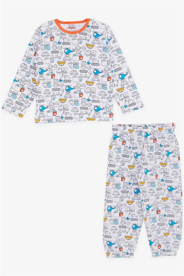 Baby Boy Pajama Set with Vehicle Design, White (9 Months-1 Years)