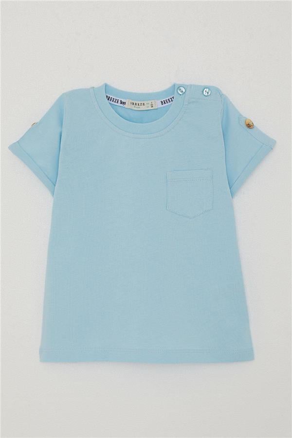 Baby Boy T-Shirt with Pockets and Button Details on Sleeves, Light Blue (9 Months-3 Years)