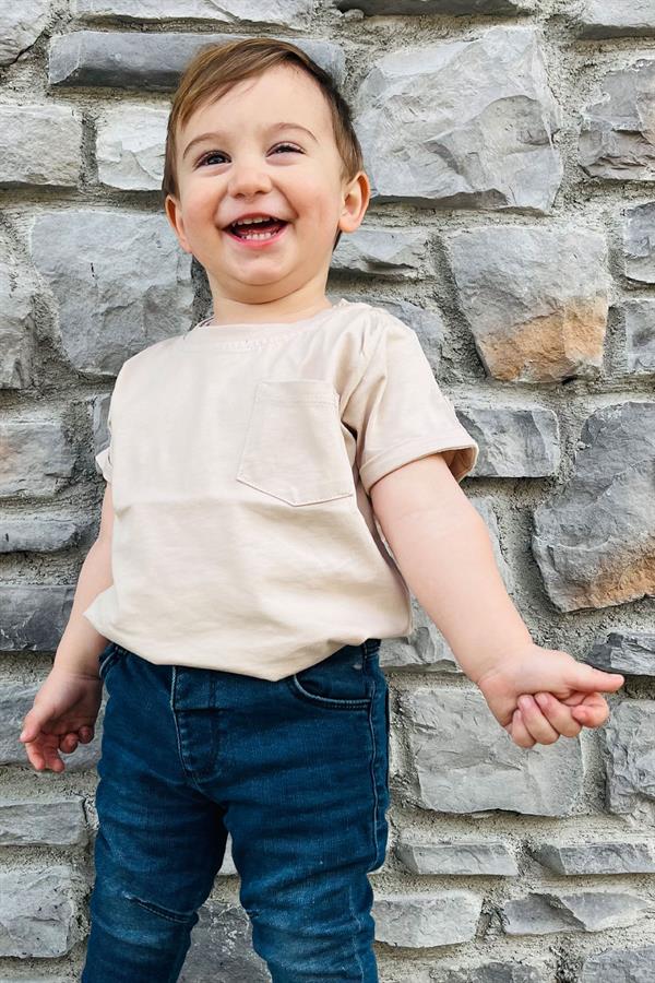 Baby Boy T-Shirt with Pockets and Buttoned Sleeves, Beige (9 Months-3 Years)