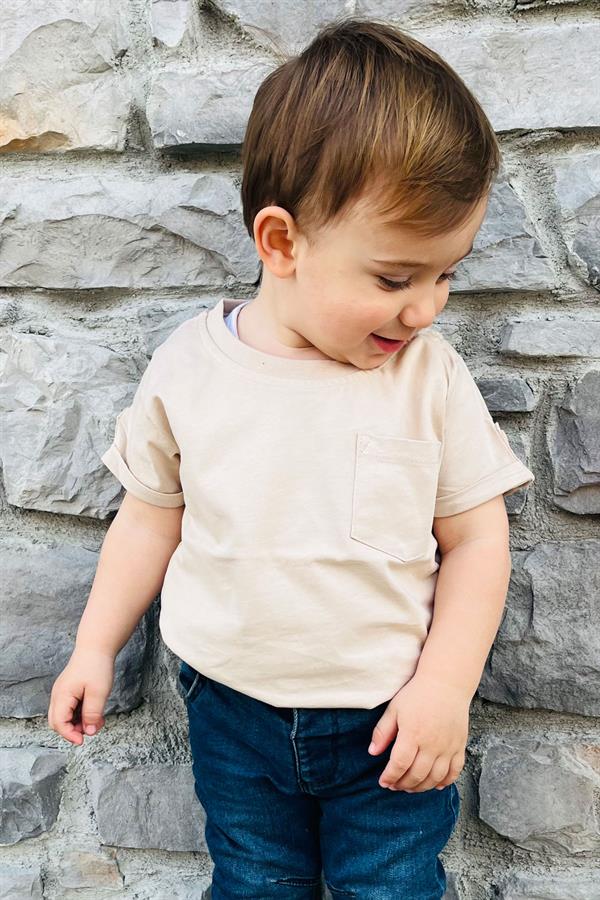 Baby Boy T-Shirt with Pockets and Buttoned Sleeves, Beige (9 Months-3 Years)